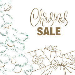 Christmas sale design template with gift boxes and new year tree illustration. Christmas lettering, calligrapy. Banner or poster for shopping store discount. Vector