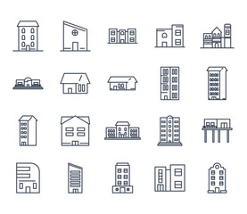 city buildings line style icon set vector design