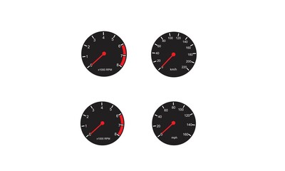 simple template design icon vector Tachometer, fuel meter, temperature meter and speedometer. Round gauges in silver frames isolated on white background, for education, automotive manual book in kmh