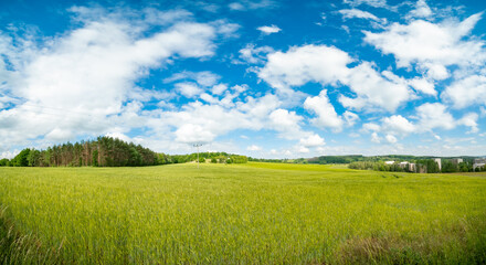 Fototapeta premium Wide Panorama Landscape in Germany in the Summer with blue sky and sun shine.
