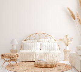 Scandi-Boho style living room interior, wall mockup, 3d render © artjafara