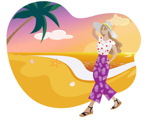 Obraz na płótnie Canvas Young woman walking the beach in sunset. Summer vacation. Walking alone. Vector illustration. Isolated