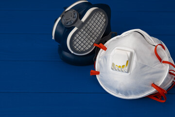 Respirator half mask with medical face mask. Health protection concept