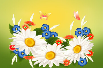 Summer background with flowers and butterflies.