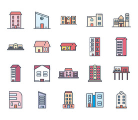 city buildings line and fill style icon set vector design