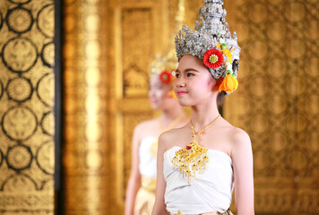 Thai traditional dress. Young kid Actors performs Thai ancient dancing Art of Thai classical dance in Thailand