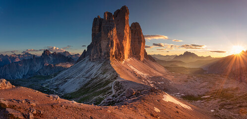 Dolomites, Three Peaks of Lavaredo. Panoramic image of Italian  Dolomites with famous Three Peaks...