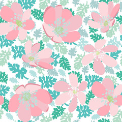  Green leaves and pink flowers seamless pattern