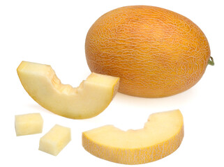 Melon and its slices isolated on white background