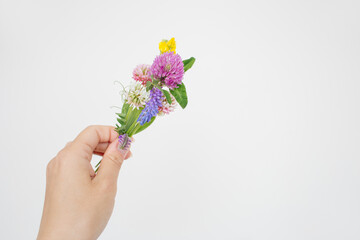 Small bouquet of miniature wildflowers in hand on white background, copyspace for summer and wedding design. Boutonniere from clover and mouse pease