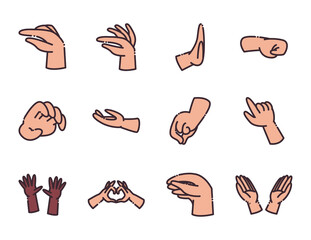 gestures with hands line and fill style icon set vector design