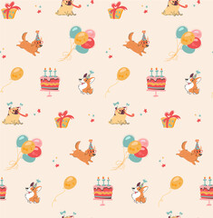 Vector seamless texture of festive attributes for a dog party. Flat background with cakes, dogs, pug and labrador, balloons, presents, stars. Isolated for printing on clothing, postcards, packaging.
