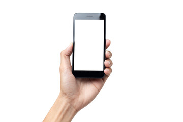 Hand man holding mock up mobile smartphone with blank screen isolated on white background with clipping path