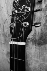 Acoustic guitar, black and white photo, musical instrument and strings.