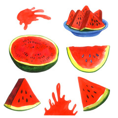 Juicy Watermelons small set of isolated elements on white bacground. Sliced watermelons, half watermelon, watermelon on a plate, abstract splash stains. Hand painted illustration.