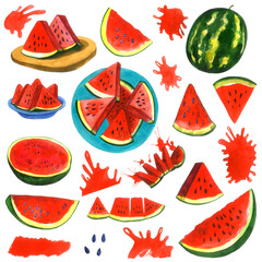 Juicy Watermelons big set of isolated elements on white bacground. Sliced watermelons, whole watermelon, watermelon on a plate, abstract splash stains. Hand painted illustration.