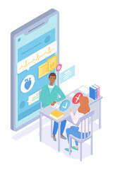 Isometric illustration of online medicine service. Doctor examins and advises patient woman online. Prescription drug selection. Cardiology consultation. Remote reception on a smartphone. Flat image