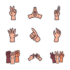 gestures with hands line and fill style icon set vector design