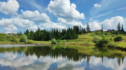 green trees by the lake against the blue sky with clouds