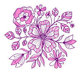 Hand drawn purple bouquet with flowers and leaves. Outline vector floral illustration. Botanical ink pen drawing for modern decor, cards, logo, tattoo.