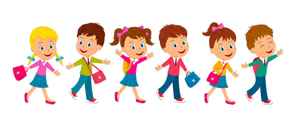 kids,boys and girls go to school on a white background, illustration, vector