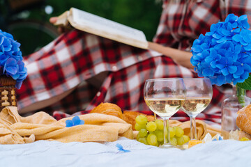 Girl in red checkered dress and hat sitting on white knit picnic blanket reading book and drinking wine. Summer picnic on sunny day with bread, fruit, bouquet hydrangea flowers