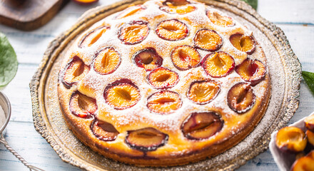 Homemade plum cake in vintage plate on wooden table. Plums pie with sugar powder