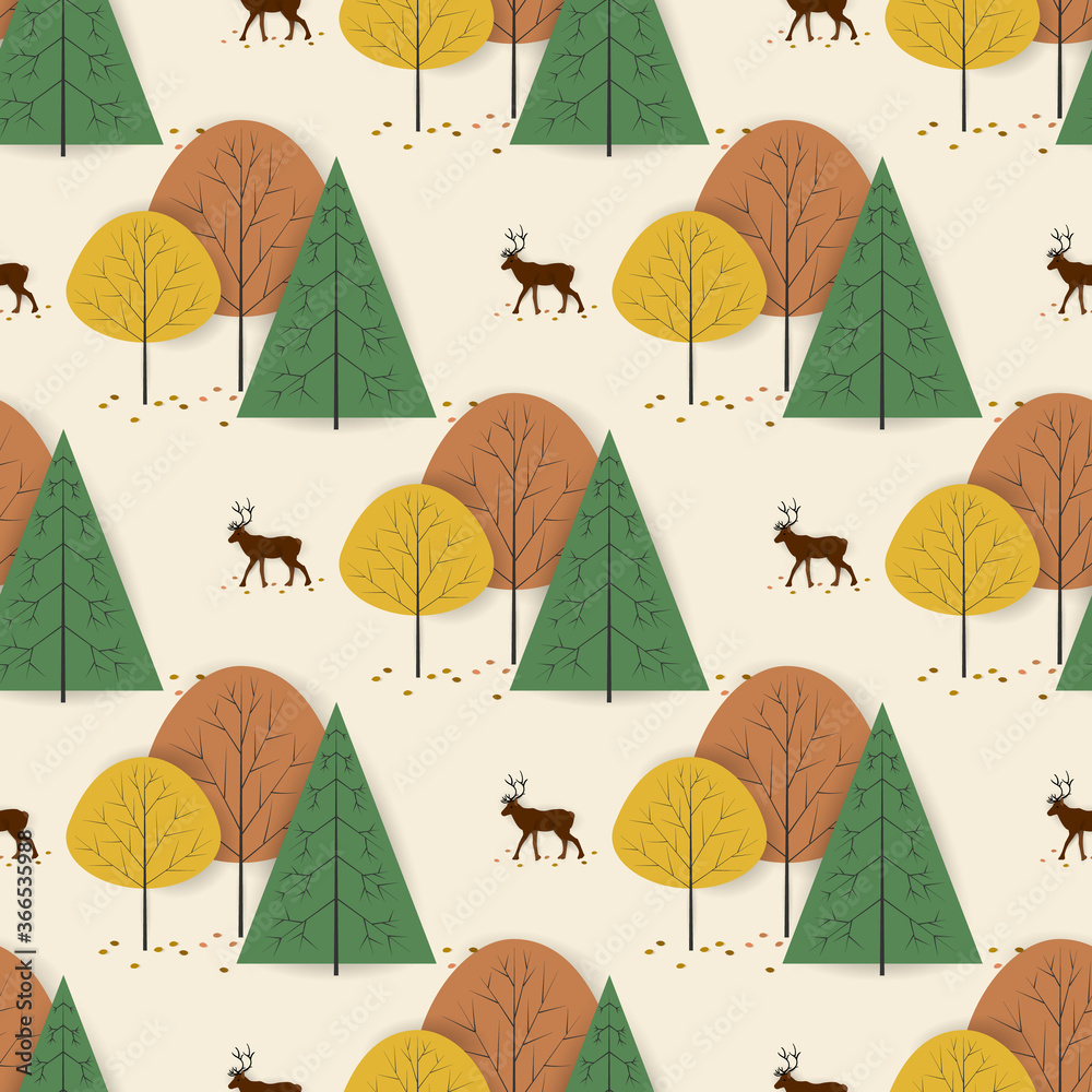 Wall mural Illustration of various trees, animals, flat style, seamless pattern