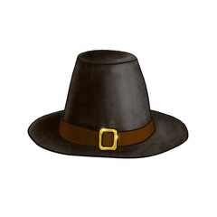 Black Pilgrim hat isolated on white background. Digital imitation of pastel illustration dark headdress with brown belt and golden shiny buckle. Symbol of Thanksgiving day autumn holiday. Decoration