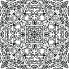 square mandala with floral ornaments folk style for coloring drawn on a white background, vector