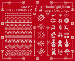 Knit font and xmas elements . Vector. Christmas seamless borders. Sweater pattern. Fairisle ornament with type, snowflake, deer, bell, tree, snowman, gift box. Knitted print. Red textured illustration