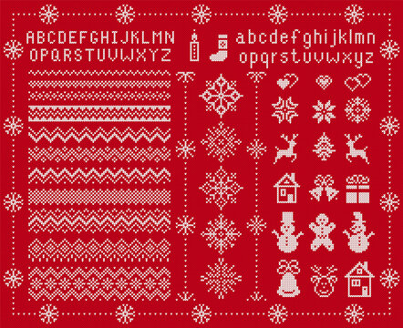 Knit font and xmas elements . Vector. Christmas seamless borders. Sweater pattern. Fairisle ornament with type, snowflake, deer, bell, tree, snowman, gift box. Knitted print. Red textured illustration