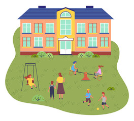 Illustration of preschool building. Cartoon house. Playground with children playing. Swings, carousels, slides, football, active recreation. Teacher with child. Various children on playground
