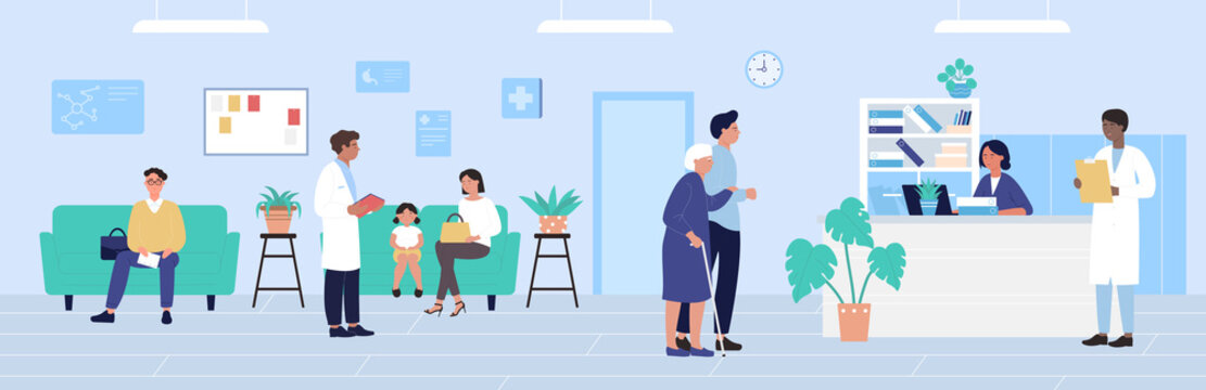 Hospital reception vector illustration. Cartoon flat patient characters waiting doctors appointment, older hospitalized woman and man come to receptionist desk. Healthcare medicine office background