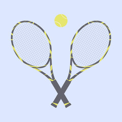 Two beautiful rackets decorated with a cute pattern and a tennis ball on a light blue background. Equipment for tennis on the court.Raster flat illustration