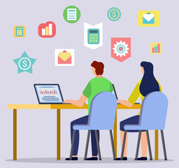 People online learning with laptop and education icons on grey. Man and woman sitting at desktop and working with computer. Male and female student and communicating with pc for e-education vector