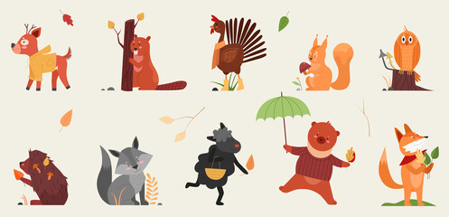 Cute animal in autumn vector illustration set. Cartoon hand drawn autumnal forest collection with funny animals holding symbols of fall season, deer beaver rooster hedgehog squirrel owl fox sheep bear
