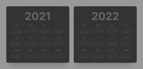 Calendar for 2021 and 2022 year in clean minimal style. Week Starts on Sunday. In dark colors.