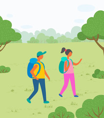 Hiking sport, hikers couple with backpacks on nature vector. Backpacking or camping in park, romantic weekend or active pastime, outdoor activity