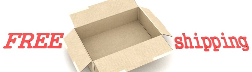 3D free shipping cardboard.Free. 3d Render Illustration.