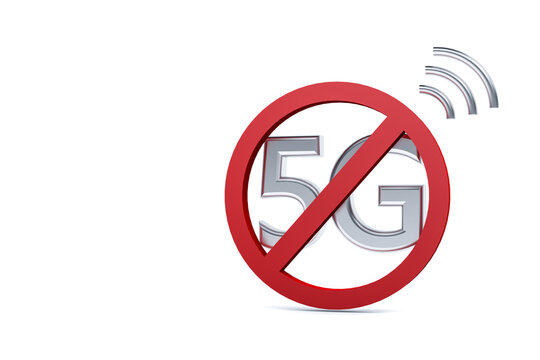 3d rendering of technology and business concept. 5G sign and forbidden sign on white background. Stop 5g. Network, internet, connection. Wireless data transfer.