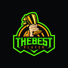 the best player sports logo with hand holding the trophy and any coin around it with gold and green color