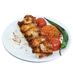 Overhead of grilled chicken wings served on a plate with bulgur pilaf, roasted tomatoes and peppers. Isolated on white. 