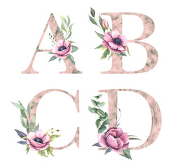 Floral alphabet, letters collection- A, B, C, D with watercolor flowers and green leaf. Perfectly for wedding invitations, greeting card, logo, poster and other design. 