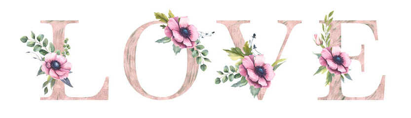 Floral alphabet, lettering- LOVE with watercolor flowers and green leaf. Perfectly for wedding invitations, greeting card, logo, poster and other design. 