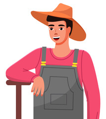 A young gardener in a hat is leaning on a garden tool. Closeup illustration of a gardener. Gardening, plant growing, self-sufficiency. Agriculture gardening hobby and garden job. Flat vector isolated