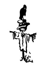 graphic image of garden scarecrow with raven on hat by black spots