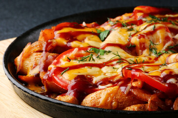 frying pan with potatoes meat and tomatoes on black concrete background. mexican food concept. potatoes fried in a pan