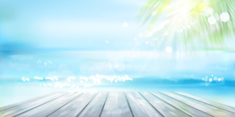 View of the tropical beach. Wooden pier. Vector Illustration. 