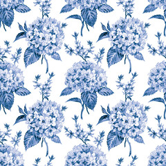 Hydrangea and forsythia seamless pattern in blue tones, watercolor illustration, cobalt floral print for fabric, wallpaper, wrapping paper and other designs.